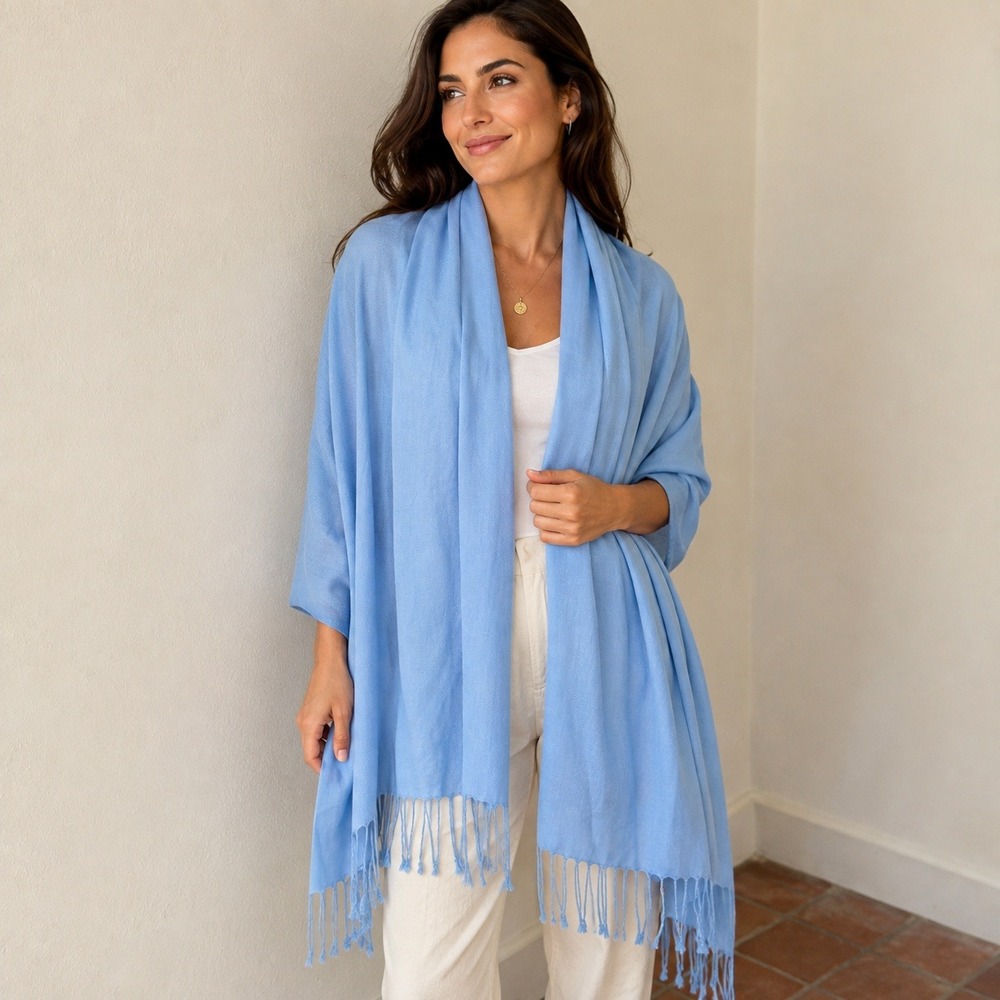 Bijoux Terner Light Blue Pashmina Scarf Tassel Fringe Viscose Wrap 90 Inch NEW